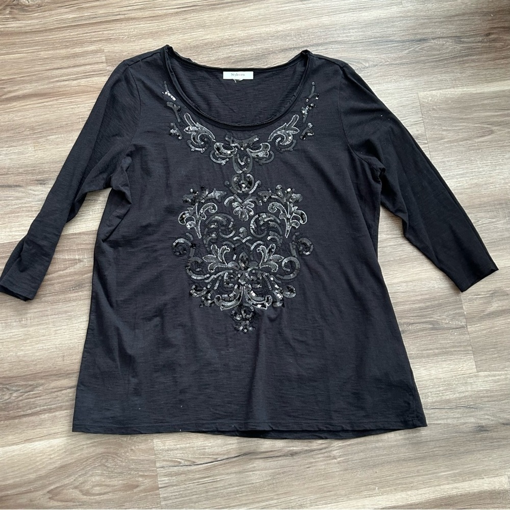 Style & Co. Black Sequins 3/4 Sleeve Pull Over Top Women Fit Size Large